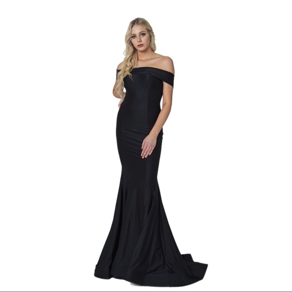 Amelia Couture Black Body Con Mermaid Off Shoulder Prom Event Elegant Slit Dress - Picture 2 of 8